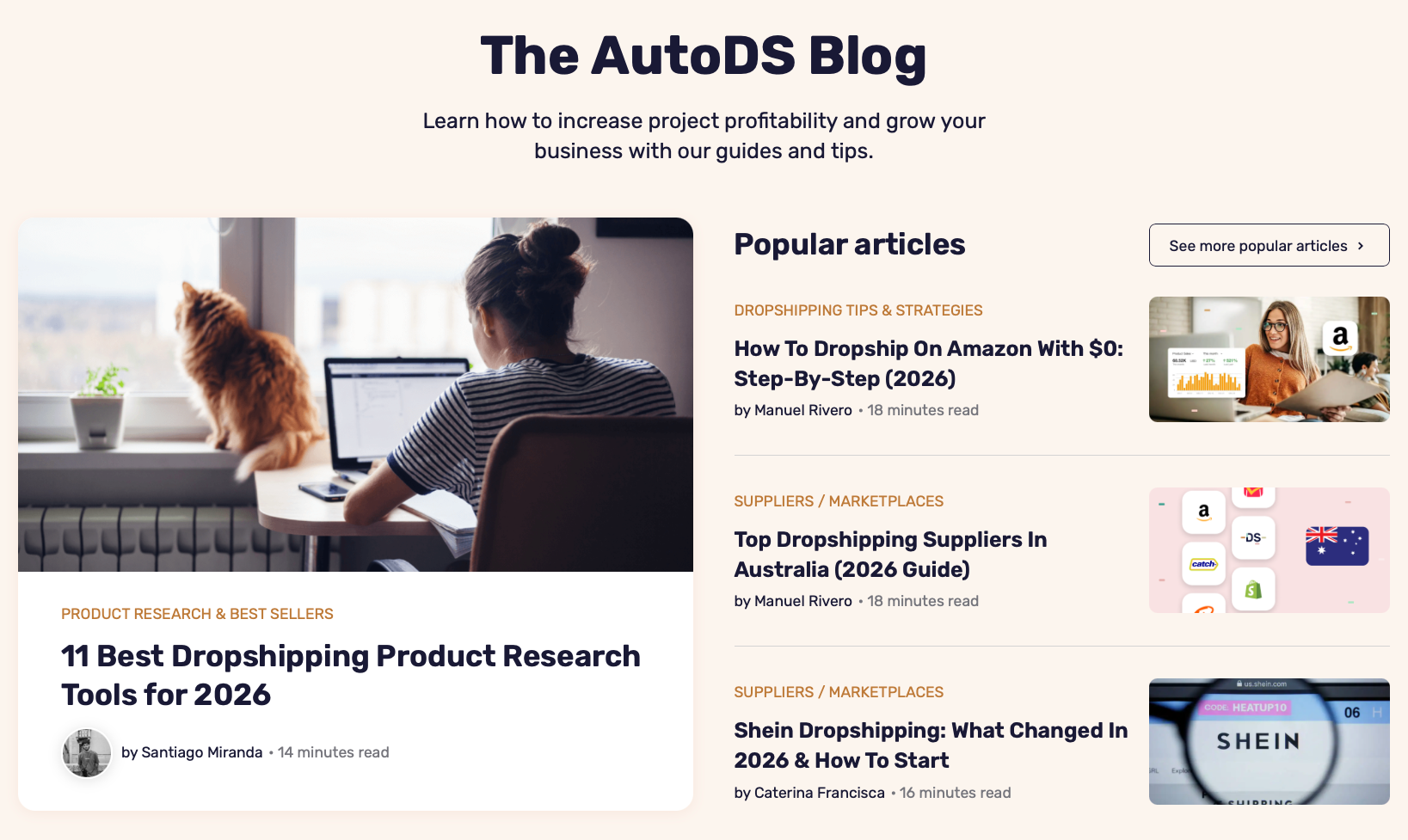 The AutoDS blog homepage