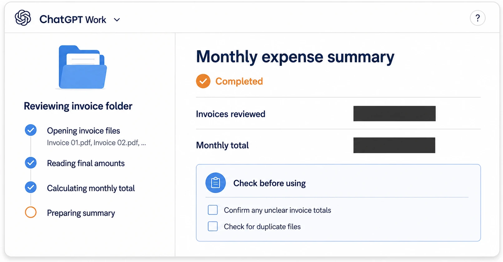 ChatGPT Work completing a monthly expense summary after reviewing a folder of Amazon invoices.