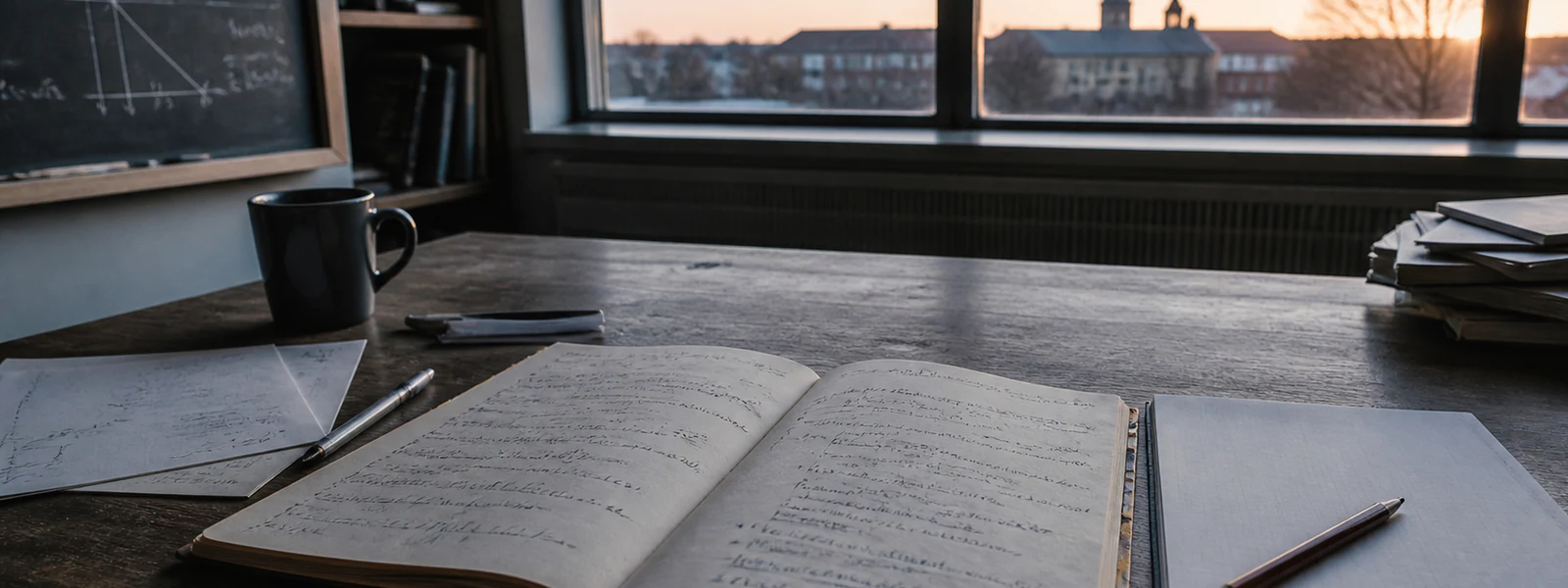 A mathematics notebook and blank page on a university desk as sunrise enters the room