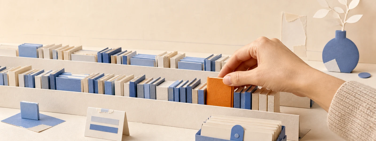 A hand selecting one orange book from orderly rows of blue and cream paper books