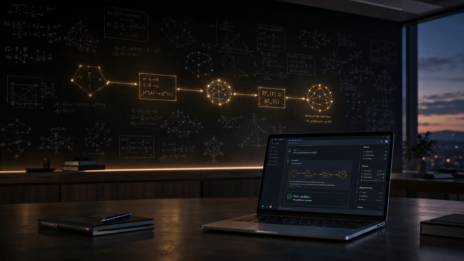 An AI research assistant on a laptop verifying a newly connected mathematical proof path