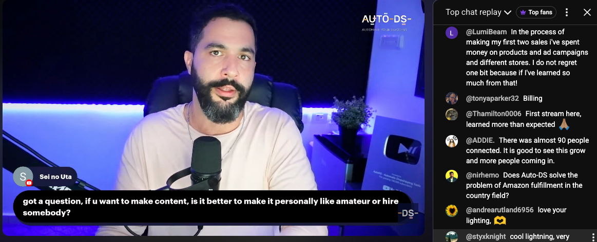Liran answering a viewer question during a live content session